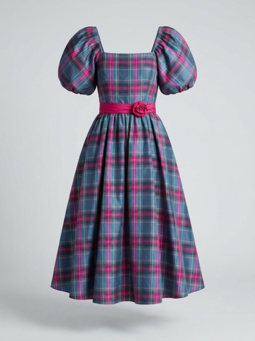 VTG ST Gillian By Kay Unger Celina Plaid Puff Sleeve Midi Dress Size 4